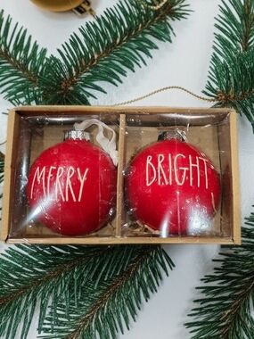 Rae Dunn Red "Merry" & "Bright" Glass Ornament Duo